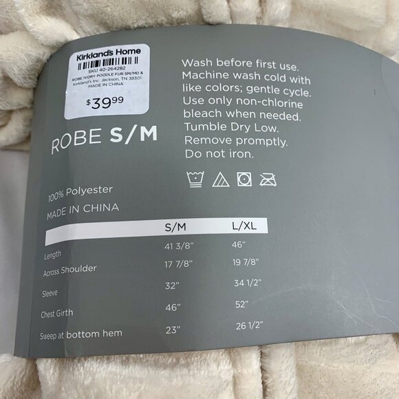 KIRKLAND Women's “Ivory Poodle Fur” Robe Size Small S/M Fleece Lined NWT - Picture 7 of 7